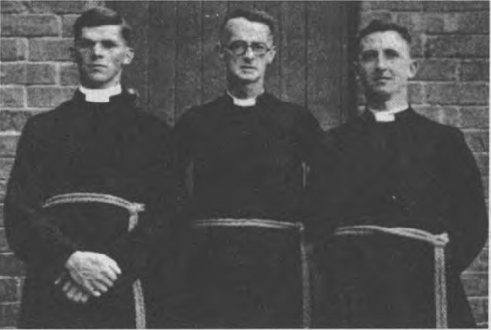 This is a  black and white photo of the founders of the Brotherhood of St. Laurence. From left to right, they are Michael Clarke, Gerard Tucker and Guy Cox at St Cuthbert's in East Brunswick in 1936. 
