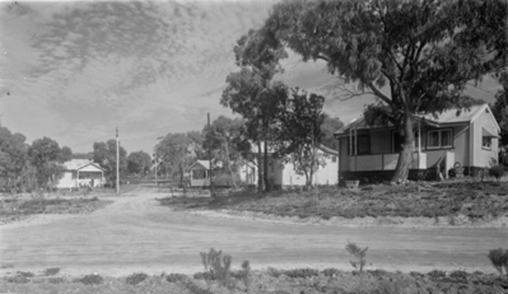 This is a black and white photo of cottages in the Carrum Downs Settlement.