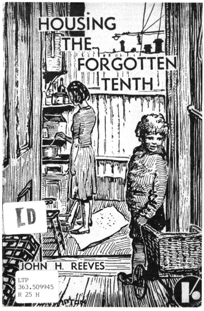 This is an illustration of a household in the 1940s with a mother cooking in the kitchen and a child playing with a wagon. The illustration is a covere of a report called Housing the Forgotten Tenth.