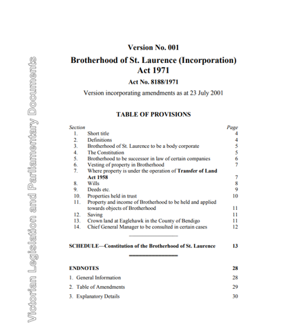 This is a picture of the first page of the document outlining the incorporation of BSL by Victorian Act of Parliament